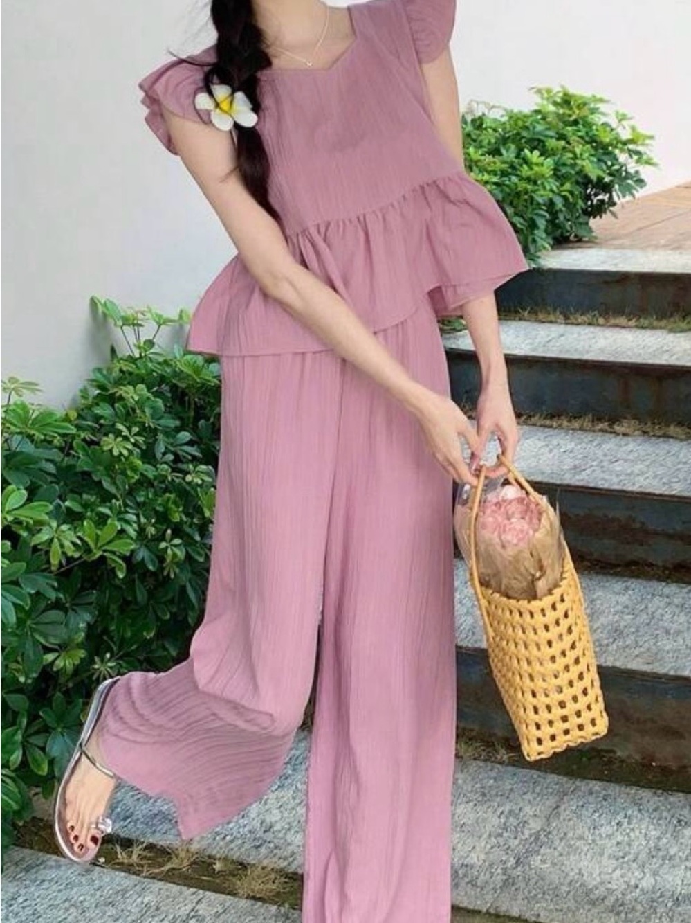 Women’s 2-Piece Ruffle Top & Wide Leg Pants Set – Pink
